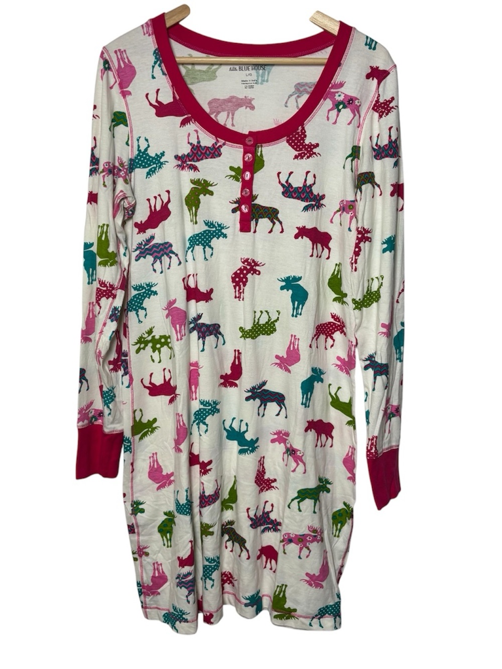 Little Blue House Sleep Shirt Large Pink Cream Moose Long Sleeve Pajama Cotton